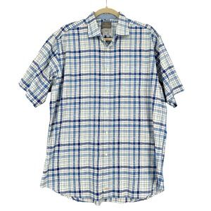 Thomas Dean Mens Plaid Short Sleeve Button Down Shirt, Blue,‎ Large